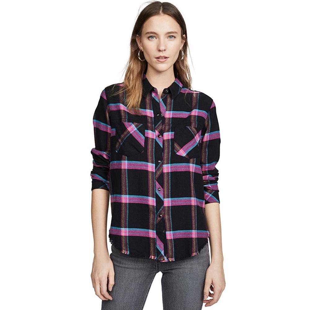 RAILS Western Style Plaid Shirt Raw Hem Snap Buttons, Small Leo Onyx Magenta